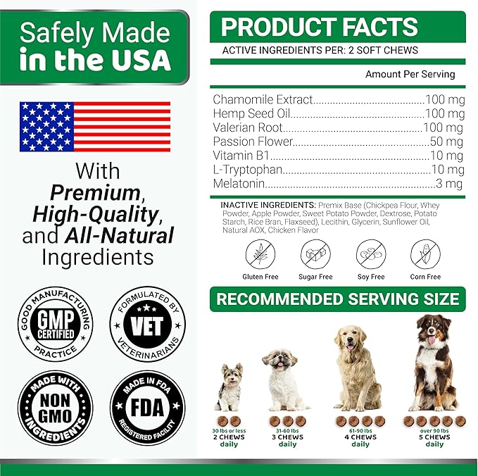YUMA'S Hemp Calming Chews for Dogs - Advanced Dog Calming Chews - 170 Chews - Anxiety Relief Treats - Separation Aid, Barking, Stress Relief, Thunderstorms - Melatonin - Hemp Oil - Made in USA