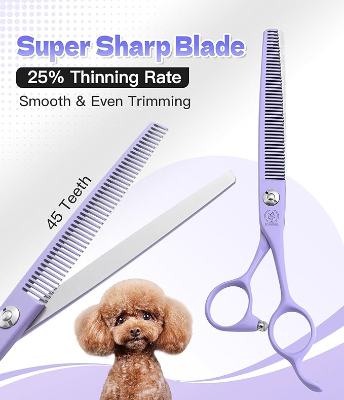 Fenice Peak 7" Professional Dog Grooming Scissors Set, Japanese 440C Stainless Steel Straight Thinning Curved Chunker Shears for Pet Grooming, Trimming Face, Paws, Violet