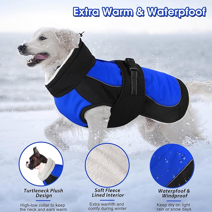 Dogcheer Waterproof Dog Coat, Christmas Dog Winter Jacket, Adjustable Puppy Fleece Coat for Cold Weather, Reflective Turtleneck Snow Jacket for Small Medium Large Dogs - Blue, S