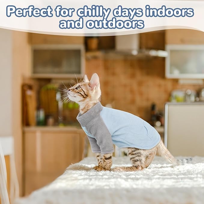 PUMYPOREITY Turtleneck Sweater for Sphynx Cat, Soft Coral Fleece Cat Clothes, Thick Winter Warm Outfit Coat with Sleeves, XS, Blue