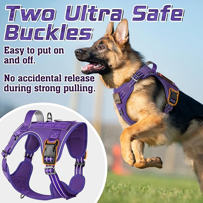 rabbitgoo Tactical Dog Harness for Large Dogs, No Pull Military Service Vest with Handle & Molle, Easy Control for Training Walking, Adjustable Reflective Straps, Purple, L
