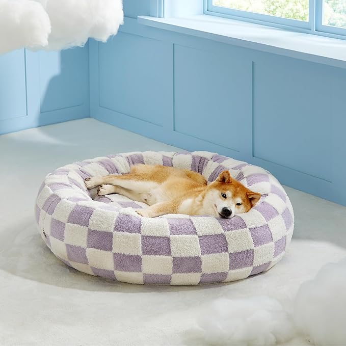 LE SURE Donut Large Dog Bed - Round Cat Beds for Indoor Anti-Anxiety Calming Pet Beds, Washable Cute Modern Beds with Jacquard Shaggy Plush & Anti Slip Bottom, 36 Inch, Purple