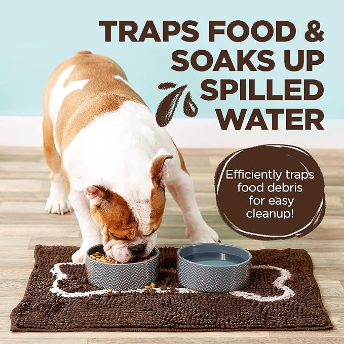 Soggy Doggy Slopmat - Water Absorbing Door Mat for Food and Water - Microfiber Chenille Rug for Muddy Paws and Messy Eaters - Machine Washable (Dark Chocolate/Oatmeal Bone, 18” x 24″)