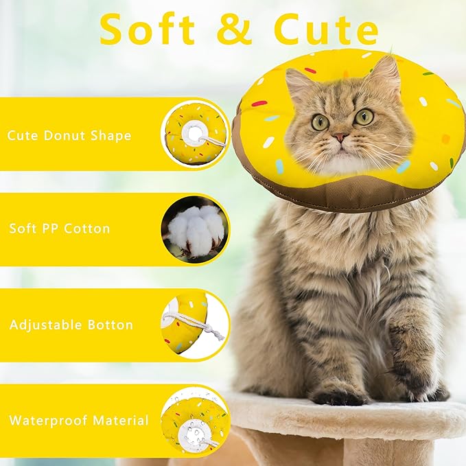 Cat Cone Collar Soft, Adjustable Cat Recovery Collar Kitten Cones to Stop Licking, Cute Donut E Collar After Surgery, Cats Neck Pillow Cone Elizabethan Cones of Shame (Waterproof Yellow, Large)