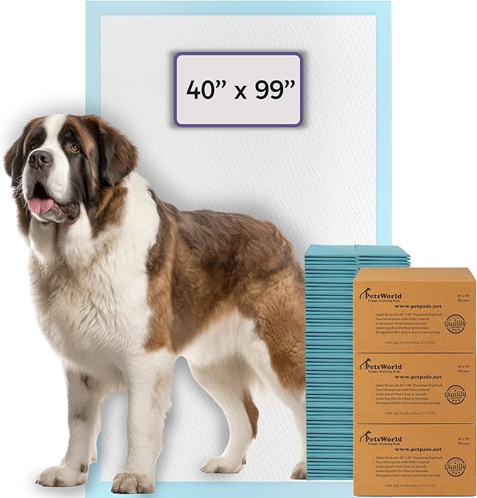 PETSWORLD Mega-Sized Dog Pee Pads (40" x 99") –4XL Gigantic Pet Piddle Pads for Puppy Training, Incontinence–Doggie Absorbent Mat with Adhesive Sticky Tape –Leak Proof, 5-Layer Protection (60 Count)