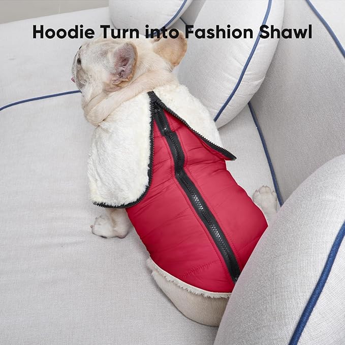 Fleece Lining Dog Hoodie with Harness Built in,Extra Warm Small Dog Jacket in Winter Puppy Coats with Hooded,Red XS