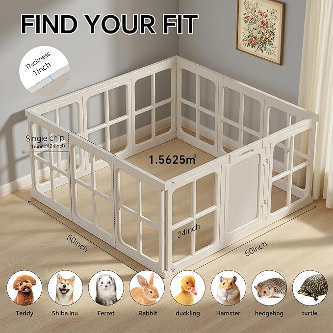 Clear Acrylic Dog Playpen Indoor, 12 PCS Plastic Puppy Playpen with Door, Cat Rabbit Ferret Pet Play Pen, Easy Assemble Dog Fence Crate Kennel Whelping Cage Enclosure for Small Dogs, White
