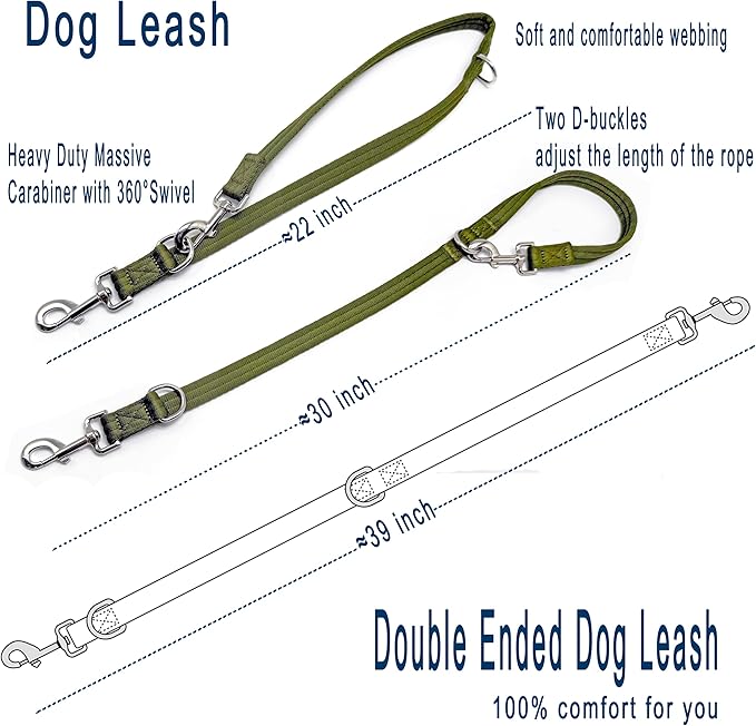 Double Ended Dog Leash,for Obedience Training Easy to Use,Lightweight,Soft for Large and Medium Dogs (Army Green, 1M*2.5CM)