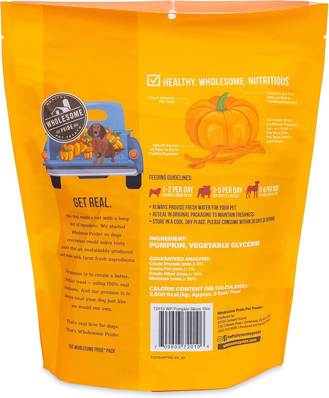 Wholesome Pride Pumpkin Slices 100% All-Natural Limited Ingredient Dehydrated Dog Treats, 10 oz