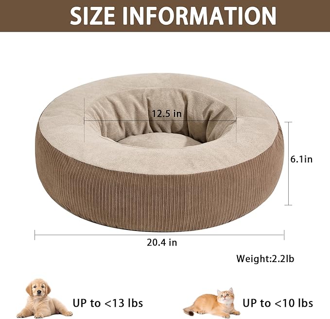 Calming Cat Bed with Anti-Slip Bottom, Washable Removable Round Cozy Donut Pet Bed for Indoor Cats, Small Dogs, Kittens & Puppies 20”x20”x6”