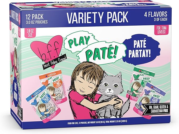 Weruva B.F.F. Play - Best Feline Friend Paté Lovers, Aw Yeah!, Paté Partay! Variety Pack, 3oz Pouch (Pack of 12)