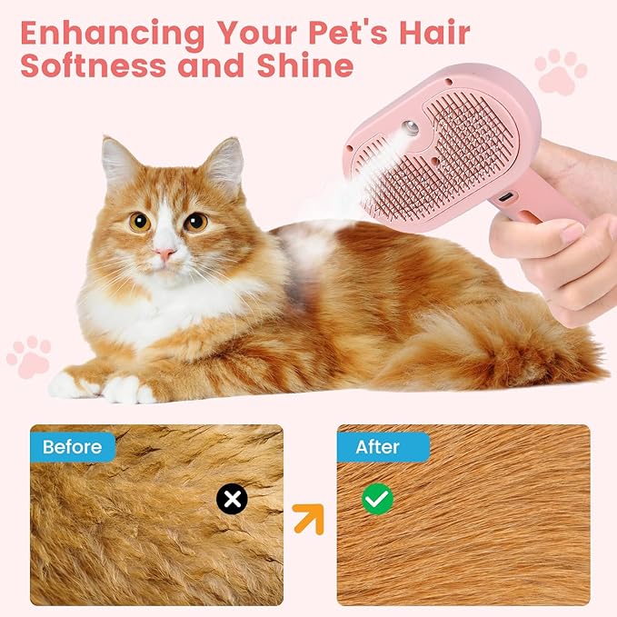 Steam Brush for Shedding Pets - Self-Cleaning Grooming Comb with Water Tank for Long & Short Haired Cats and Dogs (Pink)