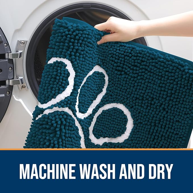 OLANLY Dog Door Mat for Muddy Paws 59x24, Paw Print Design, Absorbs Moisture and Dirt, Absorbent Non-Slip Washable Doormat, Quick Dry Chenille Mud Mat, Entry Indoor Entryway Carpet, Atlantic Blue