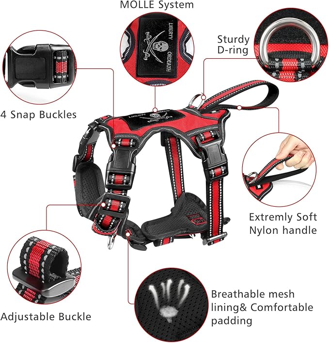 WINSEE Pet Harness Collar and Leash Set, All-in-one Reflective Dog Harness No Pull with Adjustable Buckles for Puppies, Small, Medium, Large, and Extra-Large Dogs (Large, Red)