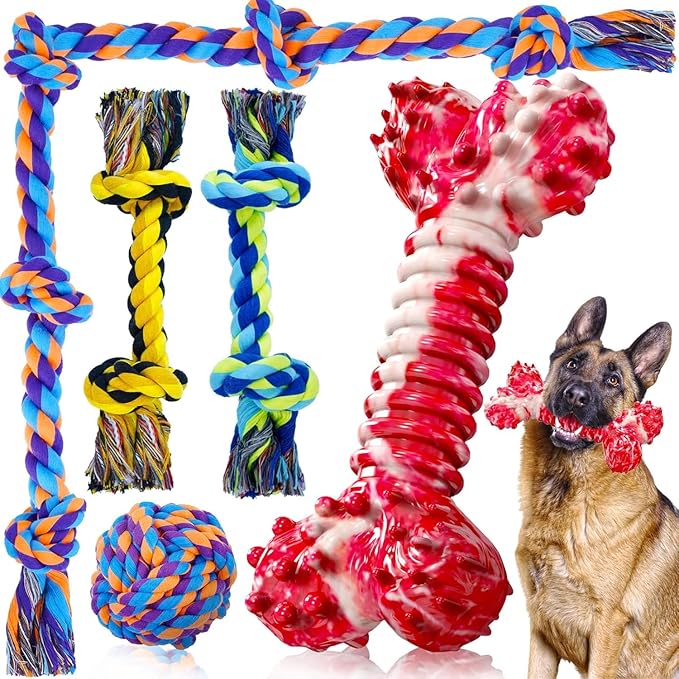 SHARLOVY Dog Chew Toys for Aggressive Chewers, 5 Pack Indestructible Dog Toys for Large Breed, Cotton Rope Toys, Tough Bone Chew for Aggressive Chewers Large Breed