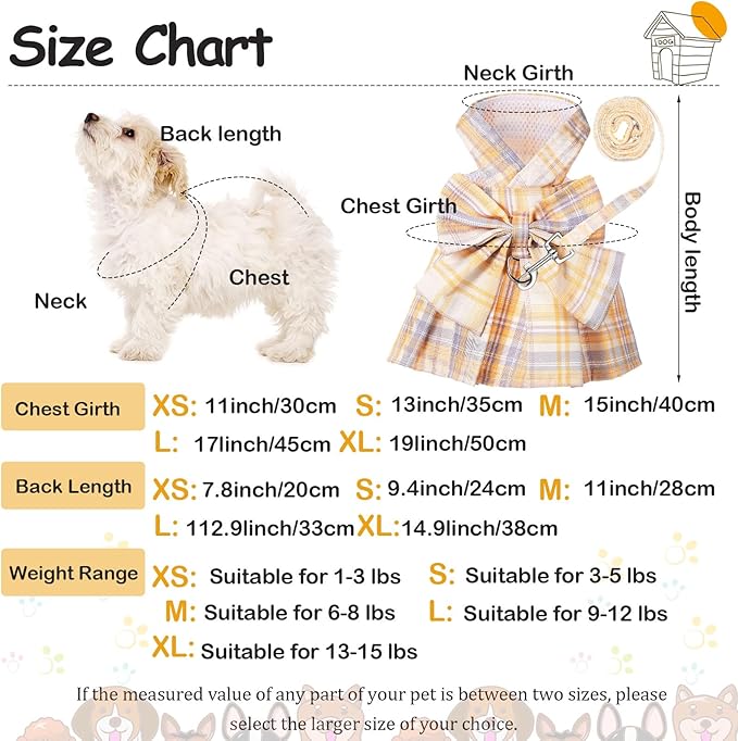 4 Pcs Cute Plaid Dog Dress Set with Bow Tie Harness & Leash for Small Dogs, Puppy Clothes for Girls Summer Outfits(M,Light Color)