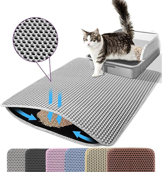 Extra Large Cat Litter Mat, 30x22 Inches Honeycomb Double Layer Cat Litter Trapping Mat, Non Slip Waterproof Urine Proof Large Kitty Litter Box Mat for Floor, Kitten Supplies, XL, Gray