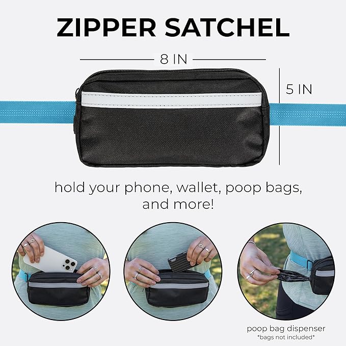 Squirrel Products Hands Free Dog Leash with Hip Belt/Crossbody Strap, Zipper Pouch, and Shock Absorbing Bungee for Walking or Jogging with pet (Blue, Black)