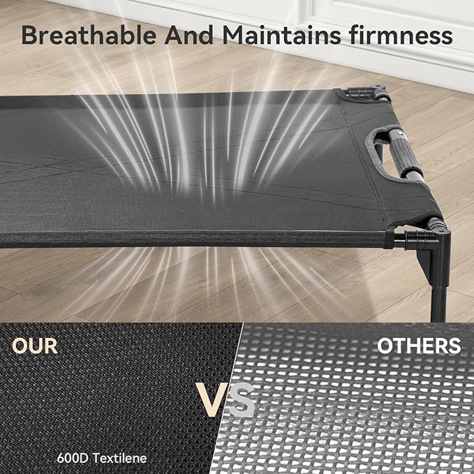 Petsfit Cooling Elevated Raised Dog Bed- Outdoor Pet Cot for Large Dogs, Upgraded Adjustable Firmness Pet Bed，Dog Hammock Bed with Durable Breathable Teslin Mesh，Non Slip, Black 48”