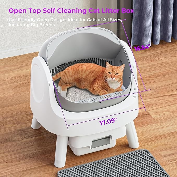 Self Cleaning Cat Litter Box, Open Top Litter Box for Multiple Cats, Automatic Cat Litter Box with Liners and Mat Included, Grey