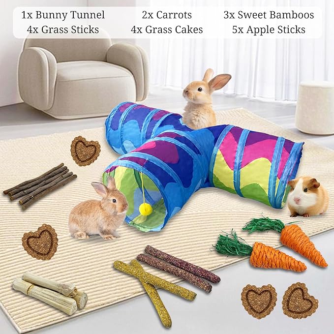 BNOSDM Bunny Tunnel, Collapsible 3 Way Rabbit Tunnels Portable Guinea Pig Tunnel Hideout, Small Animals Activity Tubes with Chew Toys for Kitten Rabbit