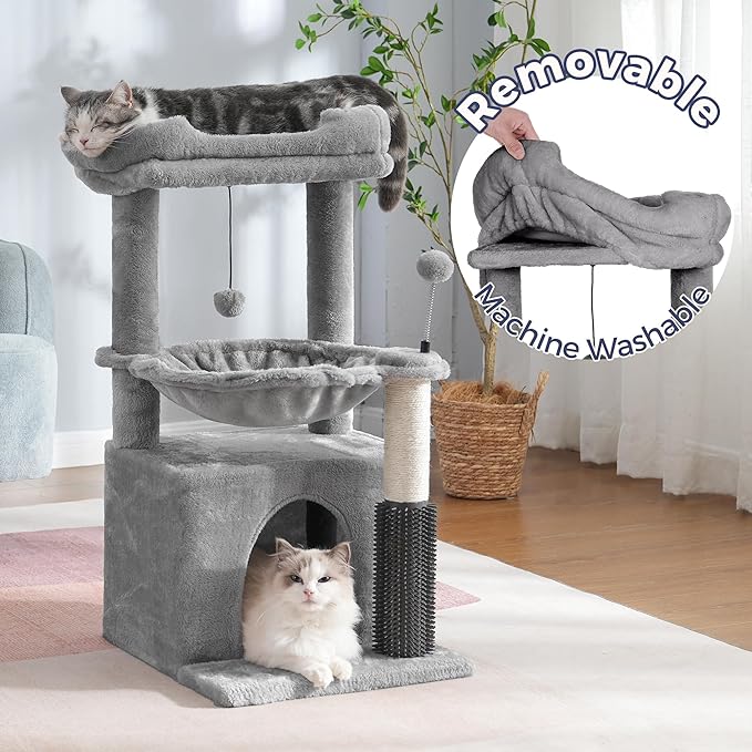 Cat Tree 32 Inches Small Cat Tower with Large Hammock Dia 15.7”,Self Groomer, Fully Scratching Post, Removable Top Bed and Wide Hideway Condo for Indoor Cats-Gray