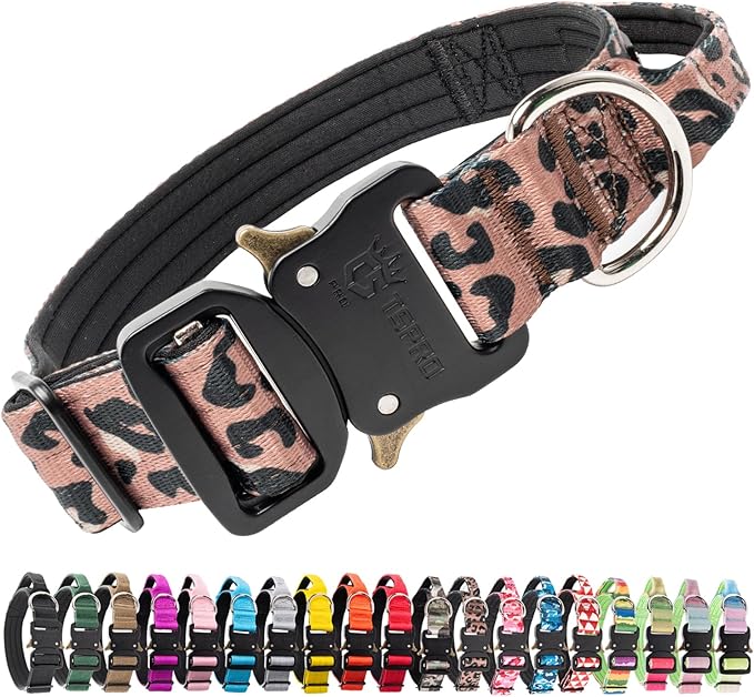 TSPRO Premium Dog Collars Tactical Dog Collar with Handle and Heavy Duty Quick-Release Metal Buckle Durable Thick and Adjustable for Medium to Large Dogs (Leopard Print M)