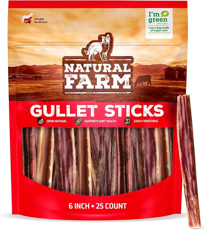 Natural Farm Gullet Sticks (6 Inch, 25 Pack), Grain-Free, Preservative-Free & Fully Digestible Beef Esophagus – Gentle Yet Effective Fun - Best for Light, Pups & Senior Chewers