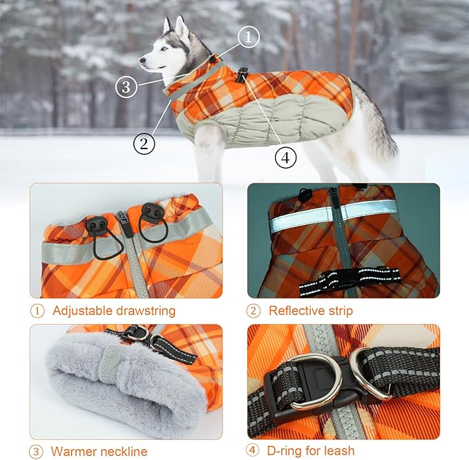 Lelepet Warm Dog Winter Coat Dog Coats for Small Dogs Waterproof Dogs Jacket with Harness Built in Reflective Cold Weather Coats Windproof Zip-Up Winter Fleece Vest Snowsuit Chihuahua Orange Plaid