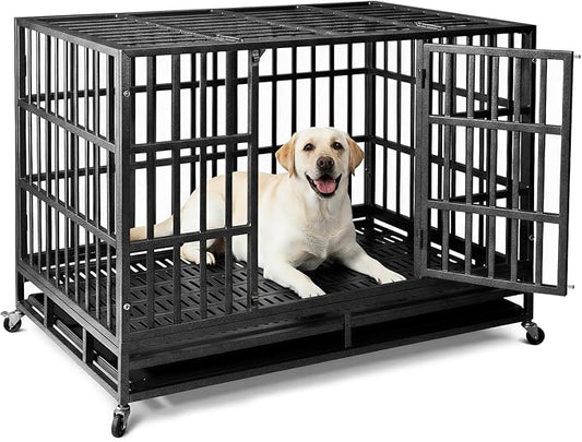 Escape-Proof Heavy Duty 48" Dog Crate, Indestructible Steel Kennel for Large & High-Anxiety Dogs with 300Lbs Capacity, Double Door Design with 4 Locking Wheels and Reinforced Baseplate.