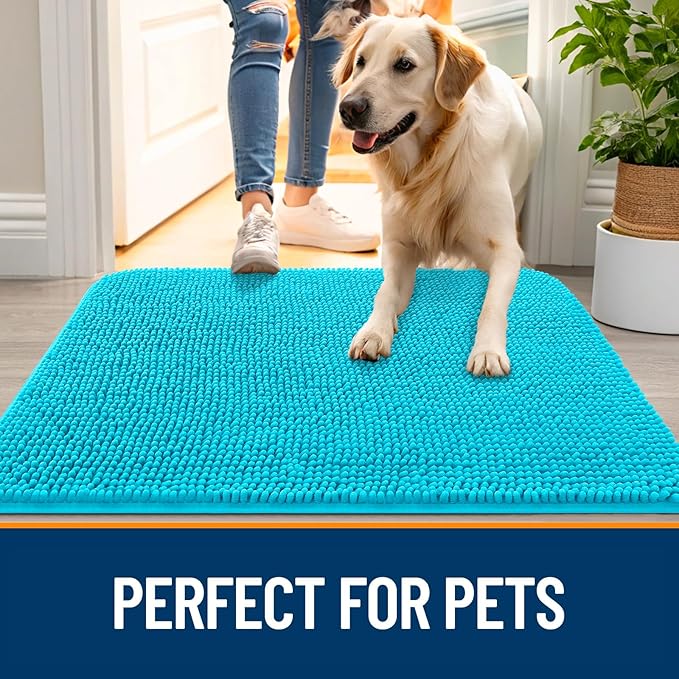 OLANLY Dog Door Mat for Muddy Paws 24x16, Absorbs Moisture and Dirt, Absorbent Non-Slip Washable Doormat, Quick Dry Chenille Mud Mat for Dogs, Entry Indoor Entryway Carpet for Inside Floor, Aqua Blue