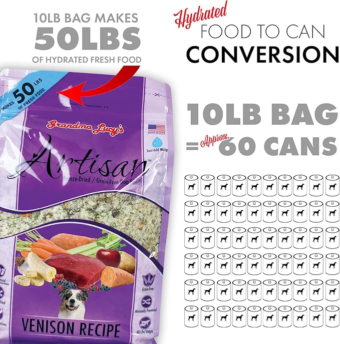 Grandma Lucy's Artisan Dog Food, Grain Free and Freeze-Dried - Artisan Venison, 3Lb Bag