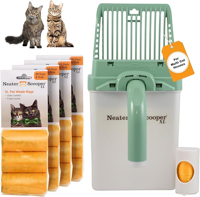 Neater Pet Brands Neater Scooper XL Cat Litter Scoop, 195 Refill Bags – Extra-Large Capacity Mess-Free Cat Litter Scooper with Bag for Large & Multiple Cats, Spill-Proof Litter Box Scooper with Holder