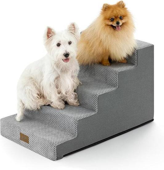 Slope Dog Stairs for Small Dogs 17.7" H, Pet Steps for Bed, Couch with Certified Foam, Non-Slip Dog Ramp Ladder for Puppy Older Cats, 5 Step, Grey
