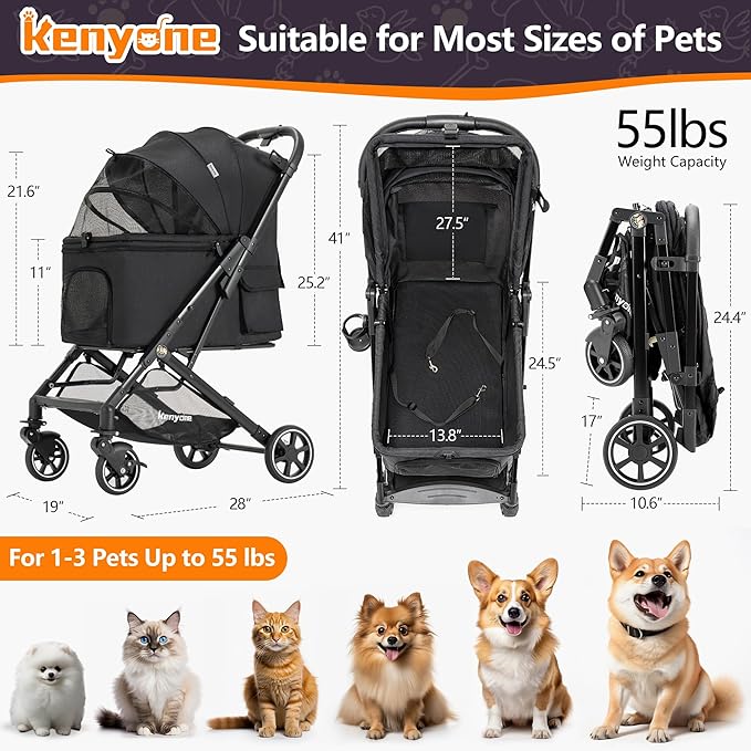 Medium Dog Stroller, Kenyone Pet Stroller for Medium Dogs Up to 55lbs, Lightweight Aluminum Frame, One Click Folding, Large Cat Stroller with No Zip Entry, Detachable Mesh, Multiple Pockets