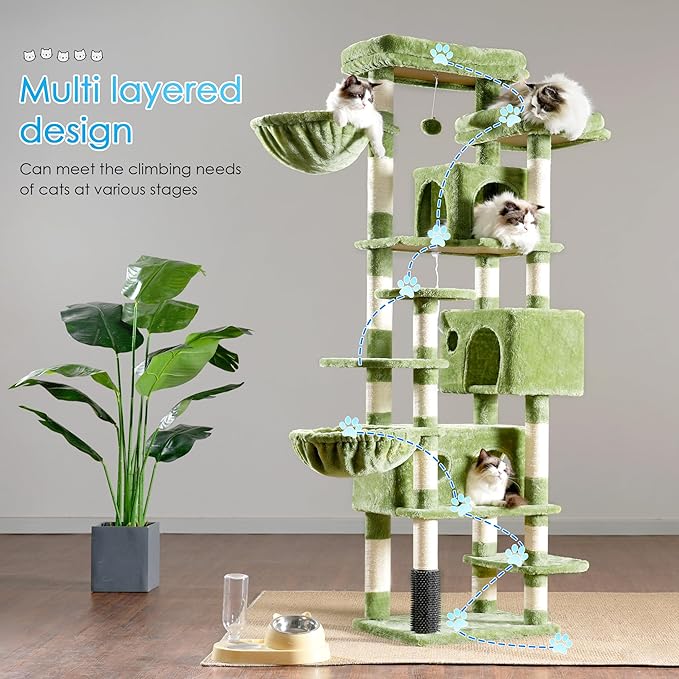 Hey-brother Cat Tree, 74 inches Multi-Level XL Large Cat Tower for Indoor Cats with Three Cat Condos, Two Large Top Decks and Cat Hairbrushfor Kittens, Cats and Pets, Green MPJ035-MGR