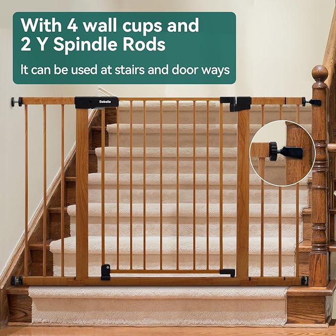 BABELIO 29-48" Metal Baby Gate with Brown Wood Pattern, Auto Close Dog Gate for The House, Stairs and Doorways, Pressure Mounted Pet Gate with Door, Safety Gate for Child and Pets