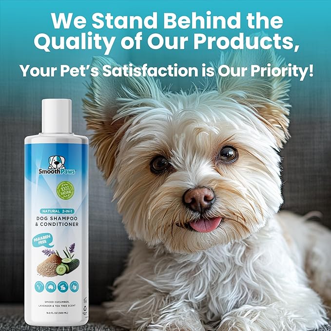 2-in-1 Natural Dog Shampoo & Conditioner – pH-Balanced for Dogs & Puppies | Gentle Oatmeal & Aloe Vera Formula for Sensitive Skin | Spiced Cucumber, Lavender & Tea Tree Scent | 16.9 oz | Smooth Paws
