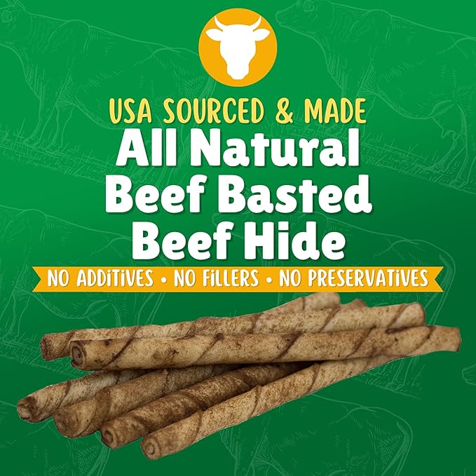 Beef Basted Rawhide Twist Sticks Dog Treats – 325ct. Premium Rawhide Chew Sticks – Long Lasting Beef Flavored Chews for Small Dogs Made in USA with Natural Beefhide