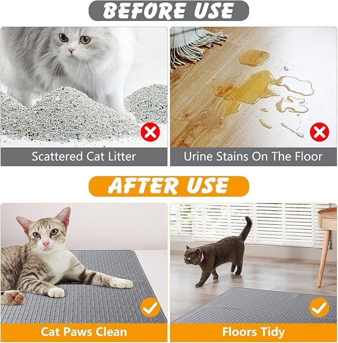 Silicone Cat Litter Mat, 28x20 in Waterproof Litter Box Mat Cats Feeding Mats with Raised Edges, Quick Clean Desig (Grey)