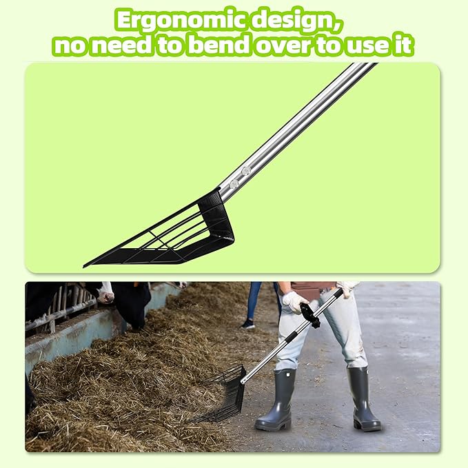 Jusoney 15" Extra Large Stainless Steel Manure Scoop w/5-in-1 Adjustable Handle (37.8"-77.6"), Ergonomic Sifter Shovel for Chicken Coop, Cat Litter, Pet Waste Cleaning Tools