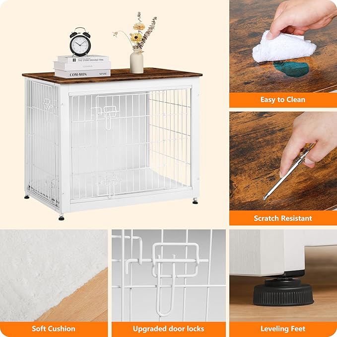 DWANTON Dog Crate Furniture with Cushion, Wooden Kennel Table with Double Doors, Indoor Dog House, Medium Size, 32.5" L, White+Rustic Brown