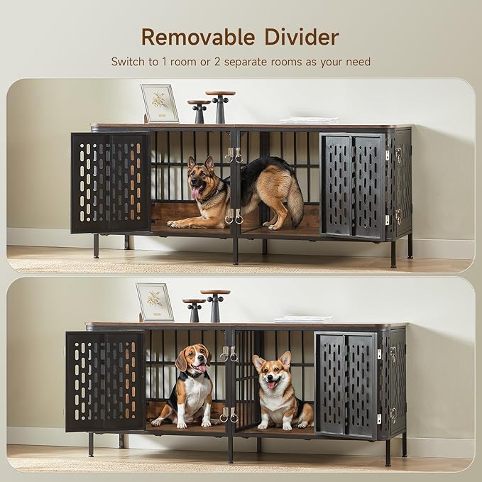 ONBRILL 63" Double Dog Crate Furniture for 2 Dogs, Heavy Duty Dog Crates with Divider for High Anxiety Dog, Escape Proof Pet Cage, Dog Kennel Furniture Indoor as TV Stand for Medium Large Dogs,Brown