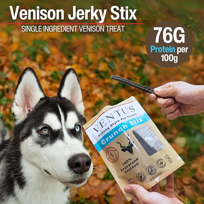 VENTUS Jerky Crunch Stix - Single Ingredient High Protein Dog Training Treats, Wild Venison, Air-Dried, Grain Free Training Treats for Dogs, 8 oz