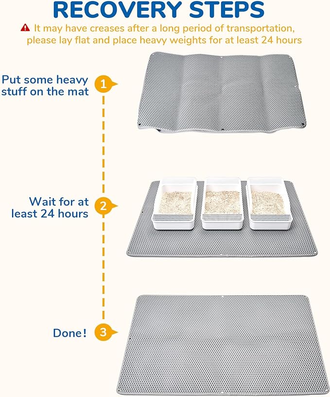 BurgeonNest 45"x32" Extra Large Cat Litter Mat, Honeycomb Double Layer Kitty Litter Trapping Mat, Urine Proof & Waterproof, Easy Clean, Machine Washable, Non-Slip, Scatter Control-Grey