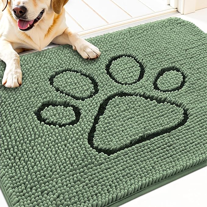 OLANLY Dog Door Mat for Muddy Paws 30x20, Paw Print Design, Absorbs Moisture and Dirt, Non-Slip Washable Doormat, Quick Dry Chenille Mud Mat, Entry Indoor Entryway Carpet, Olive Green and Black