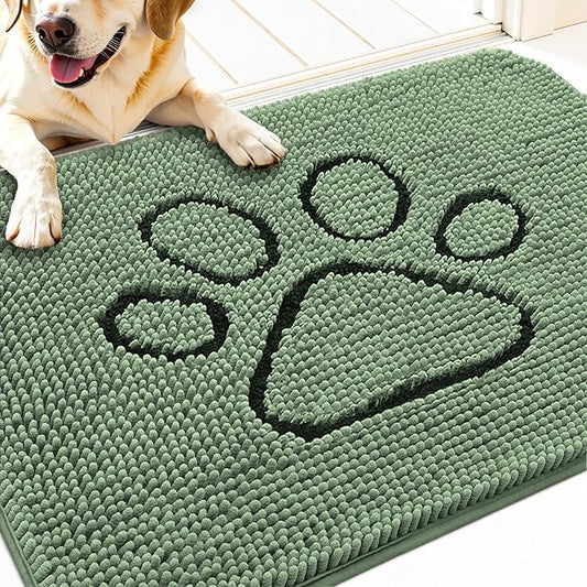 OLANLY Dog Door Mat for Muddy Paws 30x20, Paw Print Design, Absorbs Moisture and Dirt, Non-Slip Washable Doormat, Quick Dry Chenille Mud Mat, Entry Indoor Entryway Carpet, Olive Green and Black