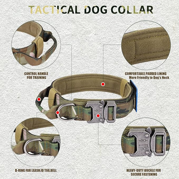 Tactical Dog Collar and Bungee Leash, Camo Military Dog Collar & Leash Set with USA American Flag Adjustable K9 Collar with Heavy Duty Metal Buckle & Handle,with Patches and Airtags Case (L, Camo)