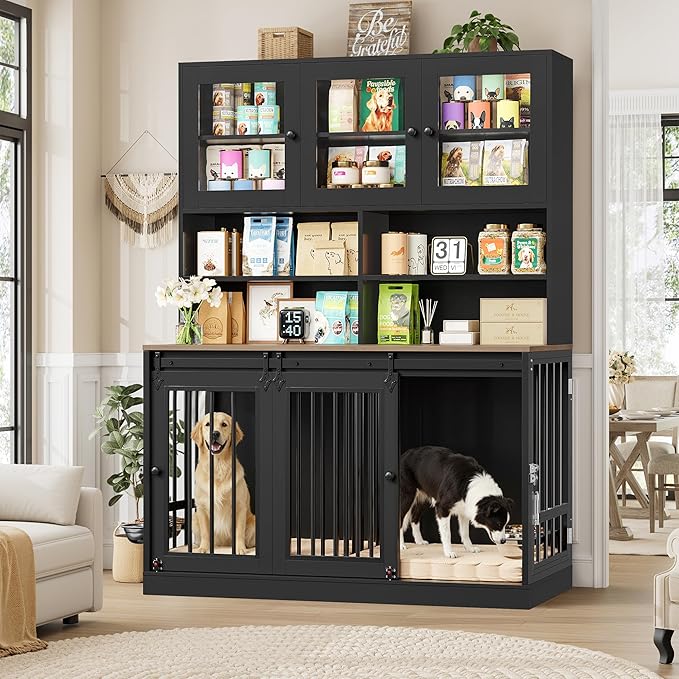 HOSTACK 71" Tall Dog Crate Furniture, 55" W Dog Kennel with Storage Hutch, XL Dog Crate for 2 Dogs with Feeding Bowls, Indoor Heavy Duty Dog Cage with Removable Room Divider, Wooden Pet House, Black