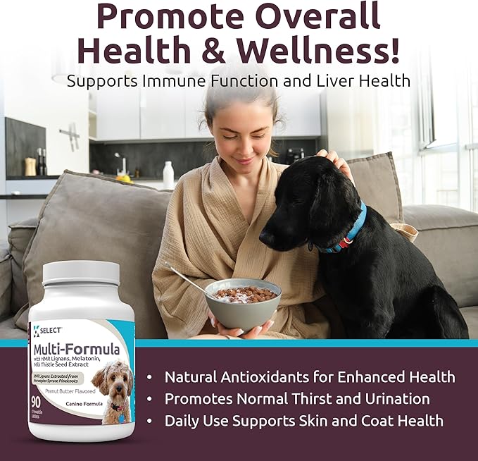 K9 Select Multi-Formula Dog Vitamins for Smaller Dogs - 10mg HMR Lignans, 1mg Melatonin, 20mg Milk Thistle - Helps Heart, Liver, Digestion, Skin & Coat Health, 90 Tablets, Peanut Butter Flavor